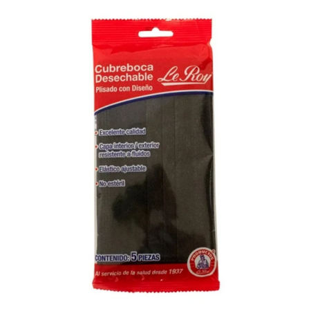 Cubrebocas Desechable Plisado Le Roy Negro, 5 Piezas