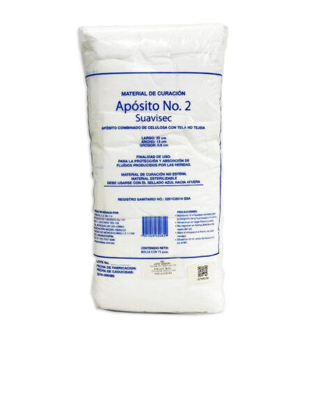 Apósito Número 2 de Celulosa con Tela No Tejida Suavisec 20 x 13 x 0.8 cm, 75 Piezas