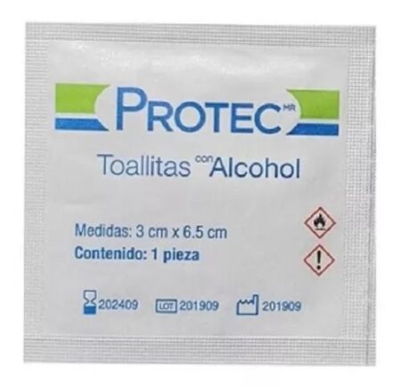 Toallas Alcoholadas Protec 3 x 6.5 cm, Caja con 100 Piezas