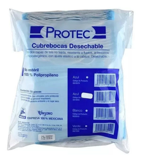 Cubrebocas Desechable Doble Capa Protec, 150 Piezas