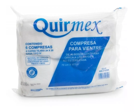 Compresa para Vientre de Algodón No Estéril Quirmex 70 x 45 cm, 5 Piezas