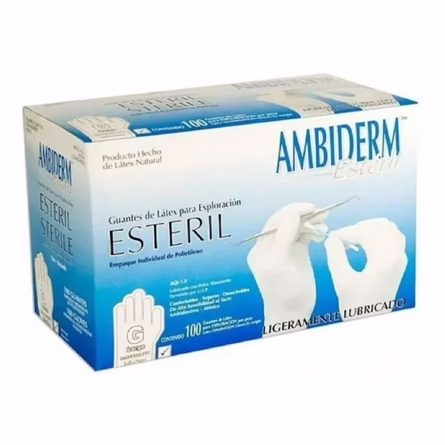 Guantes de Exploración de Látex Estériles Bajos en Polvo UniSeal Talla L, Caja con 100 Piezas