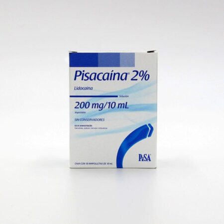 Pisacaína 2% Solución Inyectable PiSA 200 mg / 10 ml, Caja con 10 Ampolletas