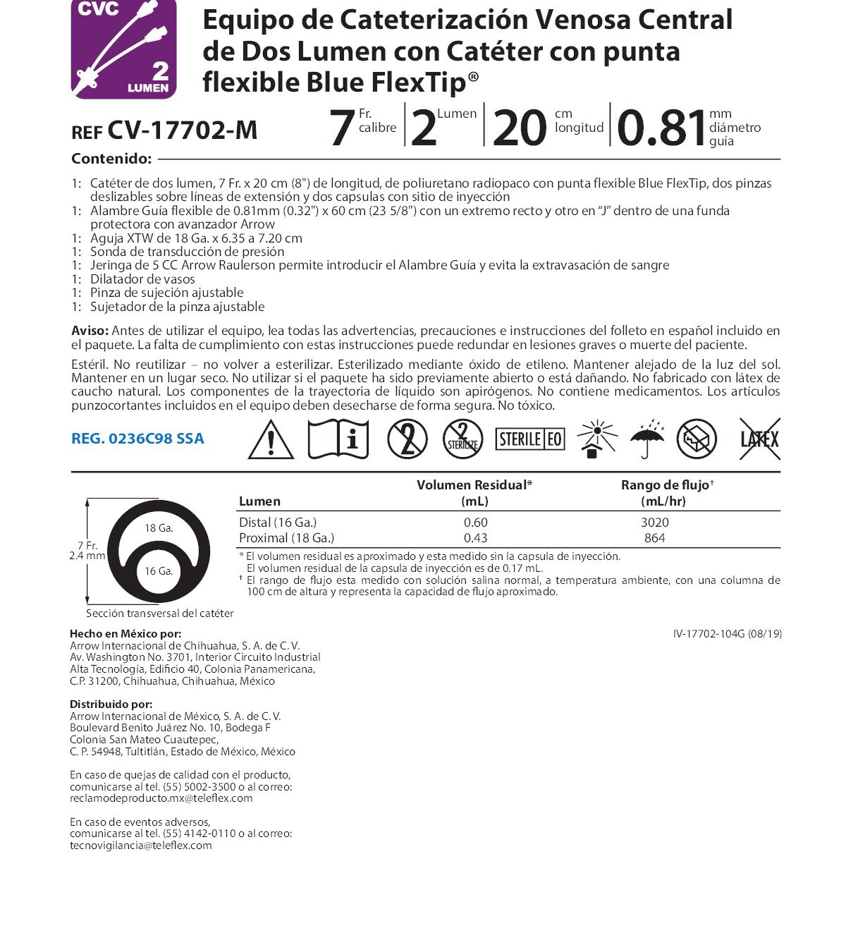 CATETER VENOSO CENTRAL 7FR 2 LUMEN REF 17702