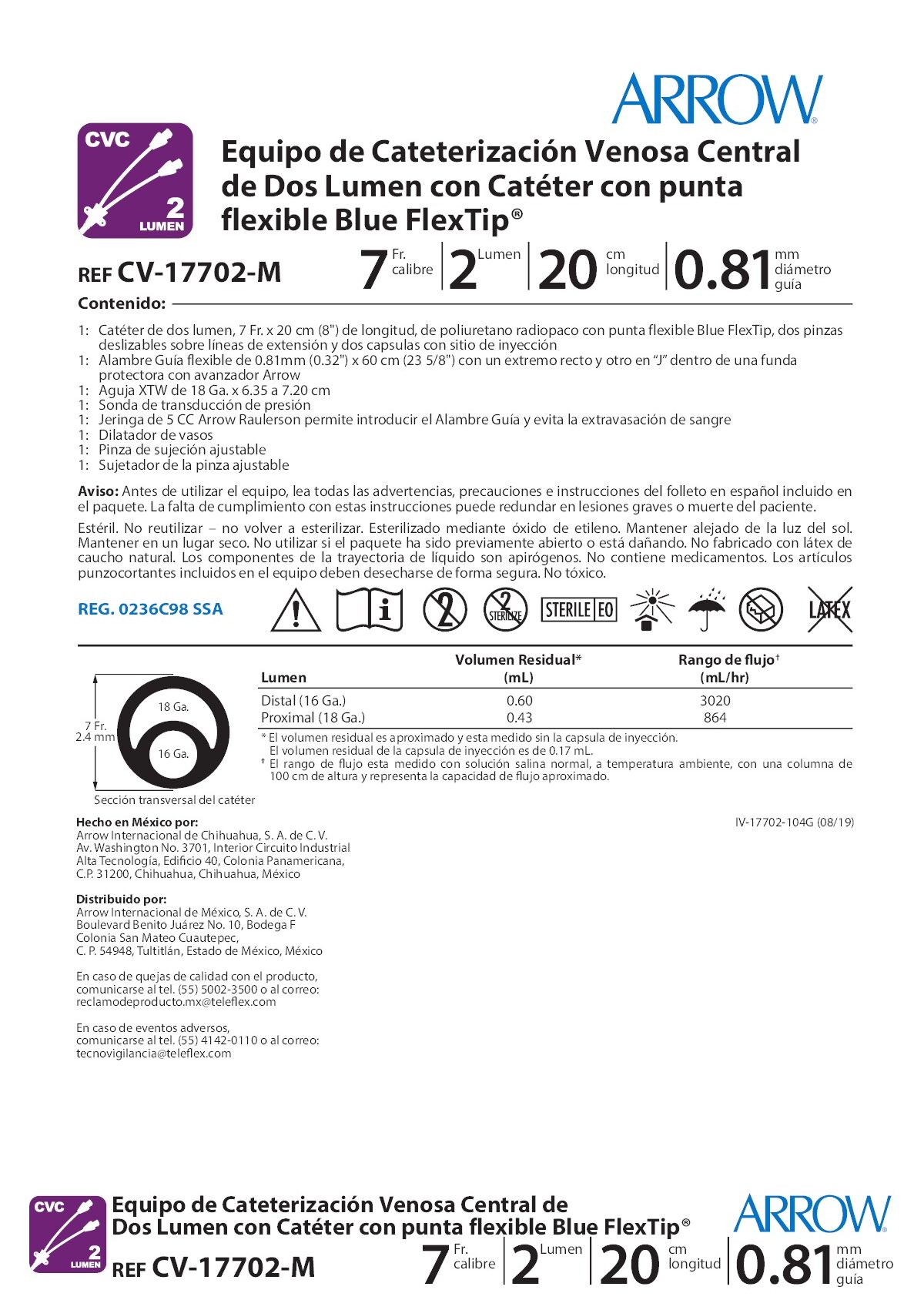 CATETER VENOSO CENTRAL 7FR 2 LUMEN REF 17702