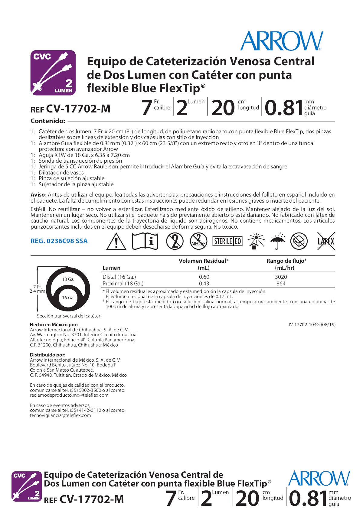 CATETER VENOSO CENTRAL 7FR 2 LUMEN REF 17702