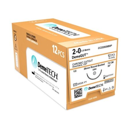 Sutura Catgut Crómico Demetech 2-0 Aguja 26 mm 1/2 Círculo 75 cm, Caja con 12