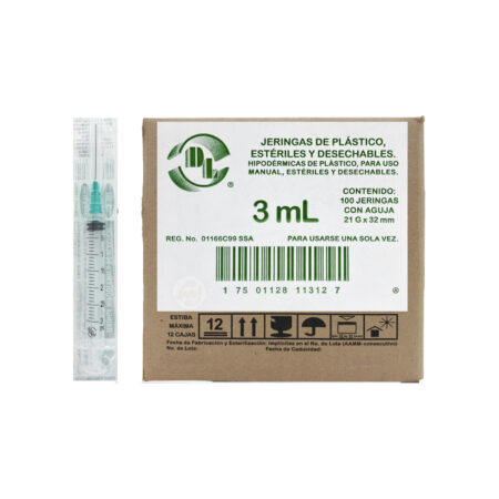 Jeringas DL 3 ml con Aguja 21G x 32 mm, Caja con 100