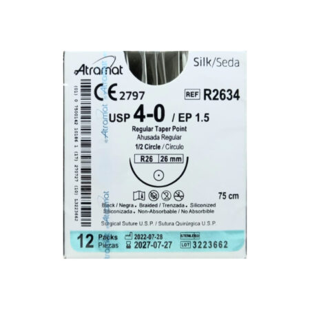 Sutura Seda Atramat 4-0 Aguja 26 mm 1/2 Círculo 75 cm, Caja con 12