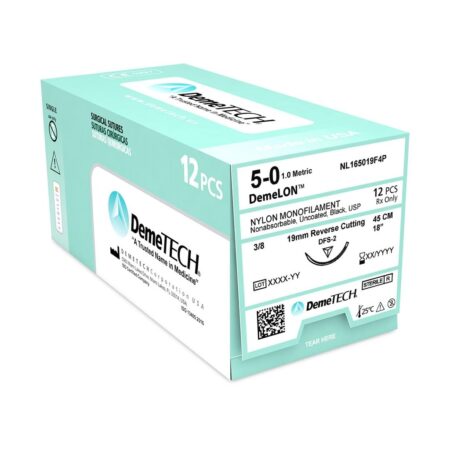 Sutura Nylon Demetech 5-0 Aguja 19 mm 3/8 Círculo 45 cm, Caja con 12