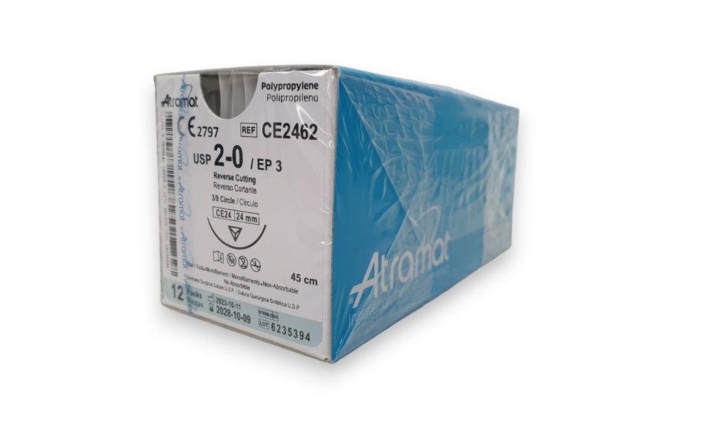 SUTURA POLIPROPILENO 2-0 AGUJA 24 MM 3/8 CIRCULO 45 CM L C/12 PZAS